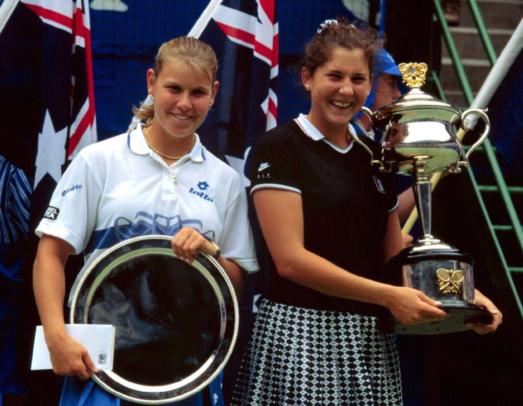 Monica Seles [right] and Anke Huber after the 1996 Australian Open final.