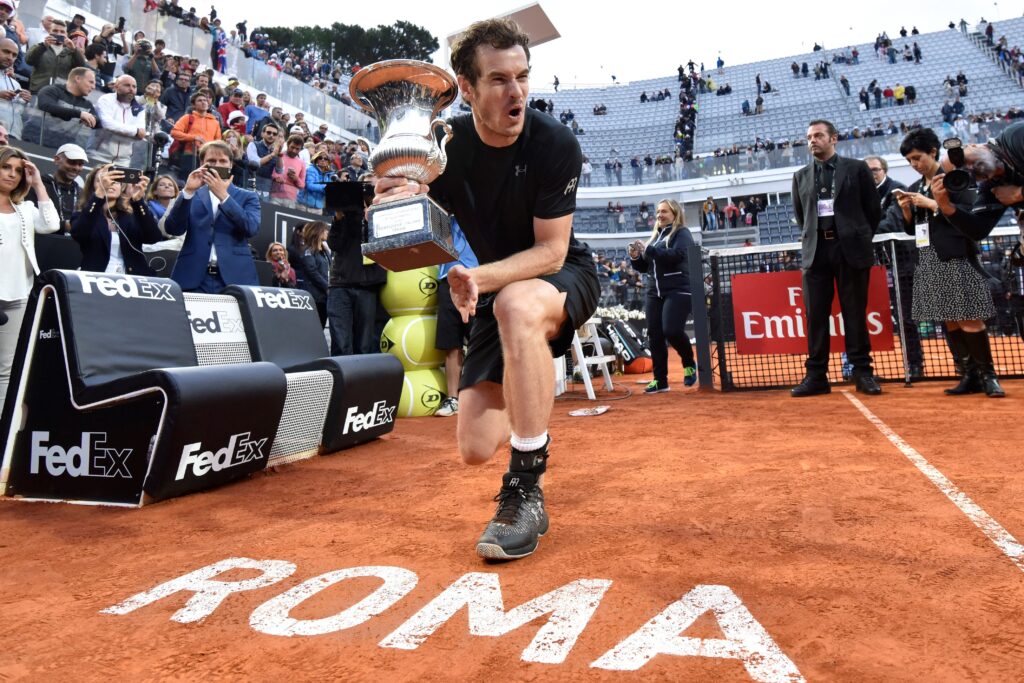 Murray of Great Britain poses with his trophy after winning the Men's Singles Final match against Novak Djokovic during day eight of The Internazionali BNL d'Italia of ATP Tennis Open at the Foro Italico in Rome.