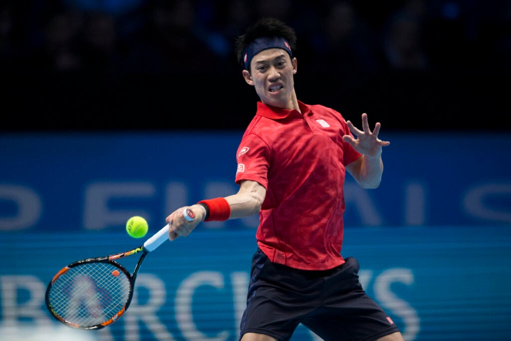 Kei Nishikori of Japan in action against Novak Djokovic of Serbia in their mens singles semi-final match on day seven of the ATP World Tour Finals at O2 Arena on November 19, 2016 in London, England.