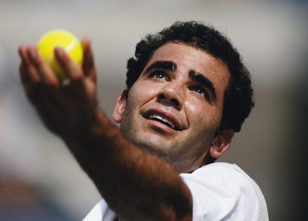 Pete Sampras of the United States serves to Martin Damm during their Men's Singles first round match at the US Open Tennis Championship on 2 September 2000 at the USTA National Tennis Center in the Flushing neighbourhood of Queens in New York, United States.