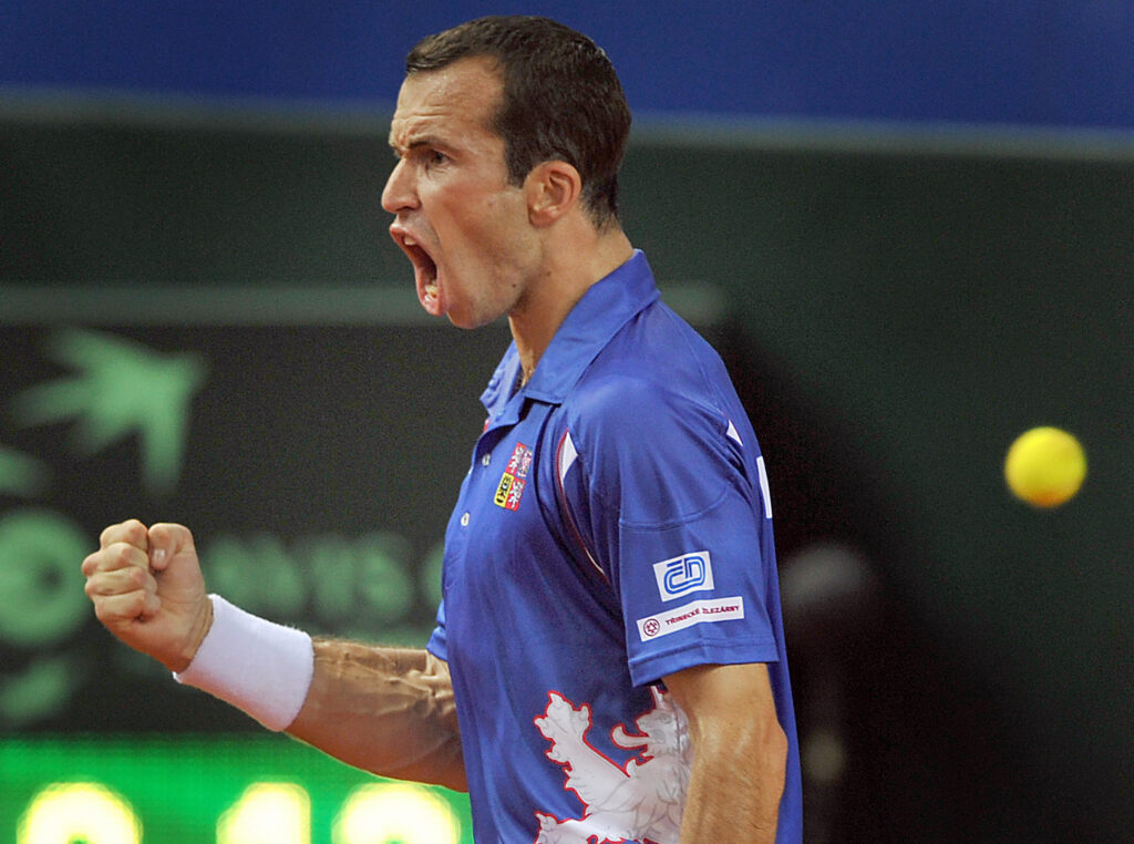 Radek Stepanek of Czech Republic reacts after winning a point against Croatia's Ivo Karlovic during their semifinal Davis Cup match between Croatia and Czech Republic in Porec, some 200 kilometres from Zagreb, on September 18, 2009.
