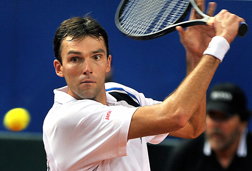 Croatia's Ivo Karlovic returns a backhand against Radek Stepanek of Czech Republic during their semifinal Davis Cup match between Croatia and Czech Republic in Porec, some 200 kilometres from Zagreb, on September 18, 2009.