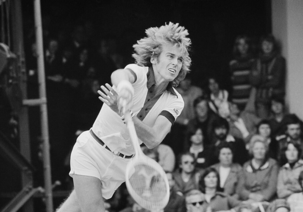 British tennis player John Lloyd in action, UK, 20th June 1977.