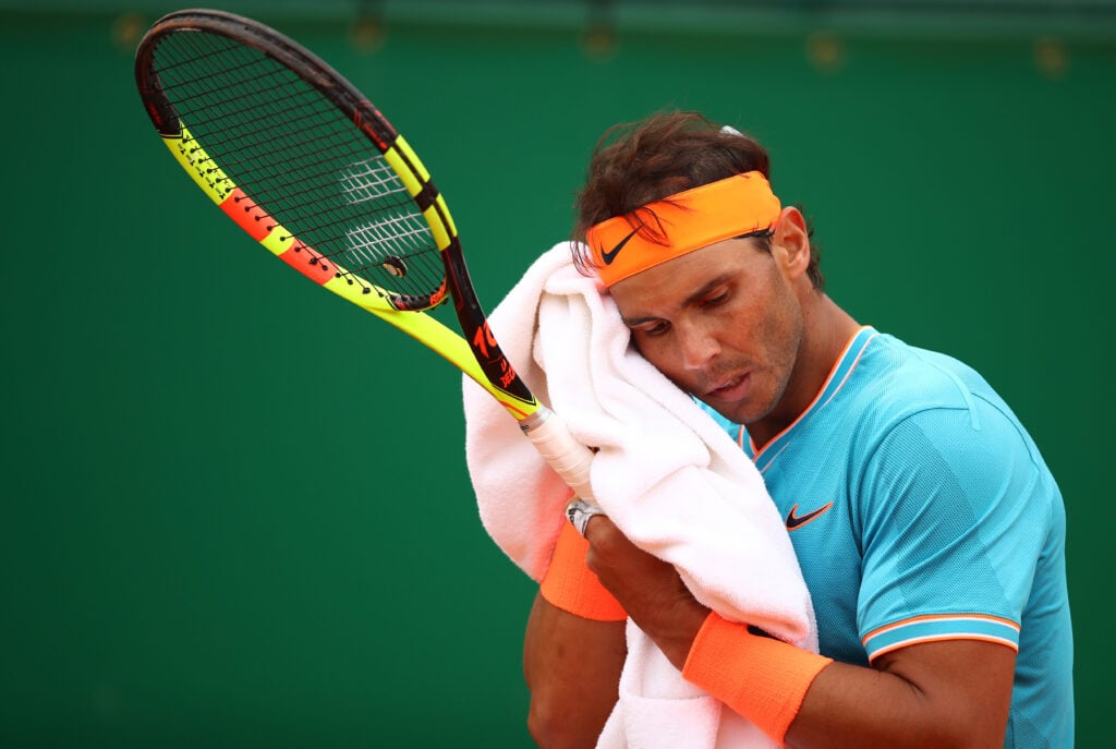 shows his dejection during his straight sets defeat by Fabio Fognini of Italy in their semifinal match during day seven of the Rolex Monte-Carlo Masters at Monte-Carlo Country Club on April 20, 2019 in Monte-Carlo, Monaco.