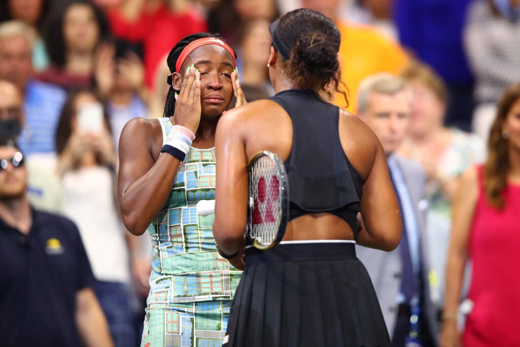 Cori Gauff of the United States and Naomi Osaka of Japan speak following their Women's Singles third round match on day six of the 2019 US Open at the USTA Billie Jean King National Tennis Center on August 31, 2019 in Queens borough of New York City.