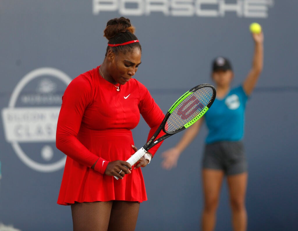 Serena Williams reacts to a lost point against Johanna Konta in the second set of their Mubadala Silicon Valley Classic