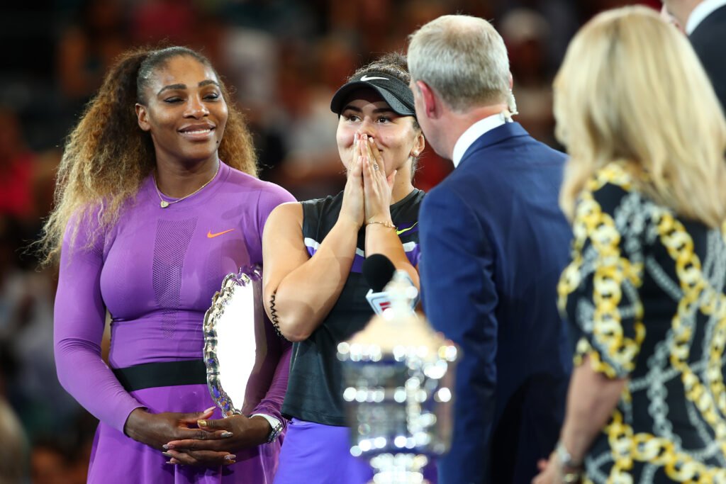 Bianca Andreescu of Canada reacts as she is interviewed by ESPN Reporter Tom Rinaldi during the trophy presentation ceremony after winning the Women's Singles final against Serena Williams