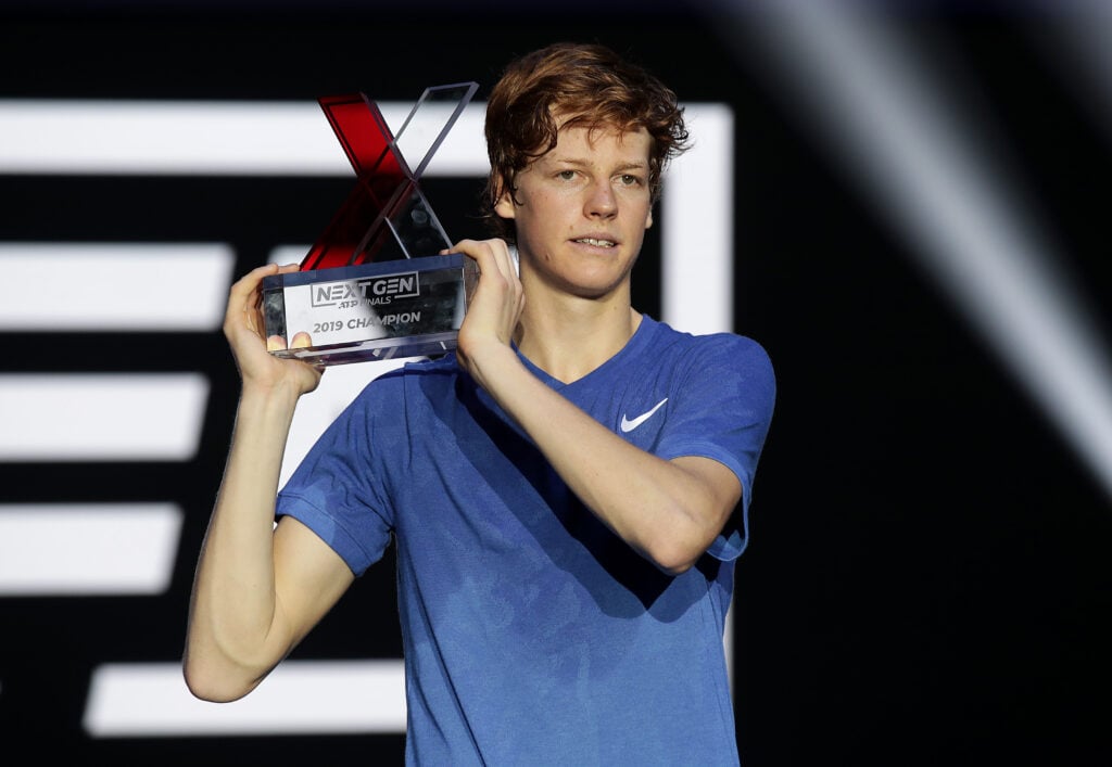 Jannik Sinner of Italy celebrates with the winners trophy after defeating Alex de Minaur of Australia in the final during Day Five of the Next Gen ATP Finals at Allianz Cloud on November 09, 2019 in Milan, Italy.