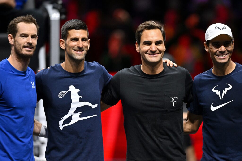 Britain's Andy Murray, Serbia's Novak Djokovic, Switzerland's Roger Federer and Spain's Rafael Nadal pose during a Team Europe practice session ahead of the 2022 Laver Cup