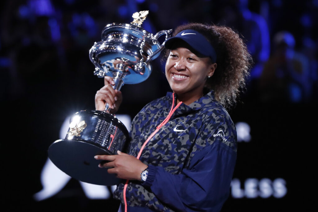 Naomi Osaka of Japan poses with the Daphne Akhurst Memorial Cup after winning her Women’s Singles Final match against Jennifer Brady of the United States