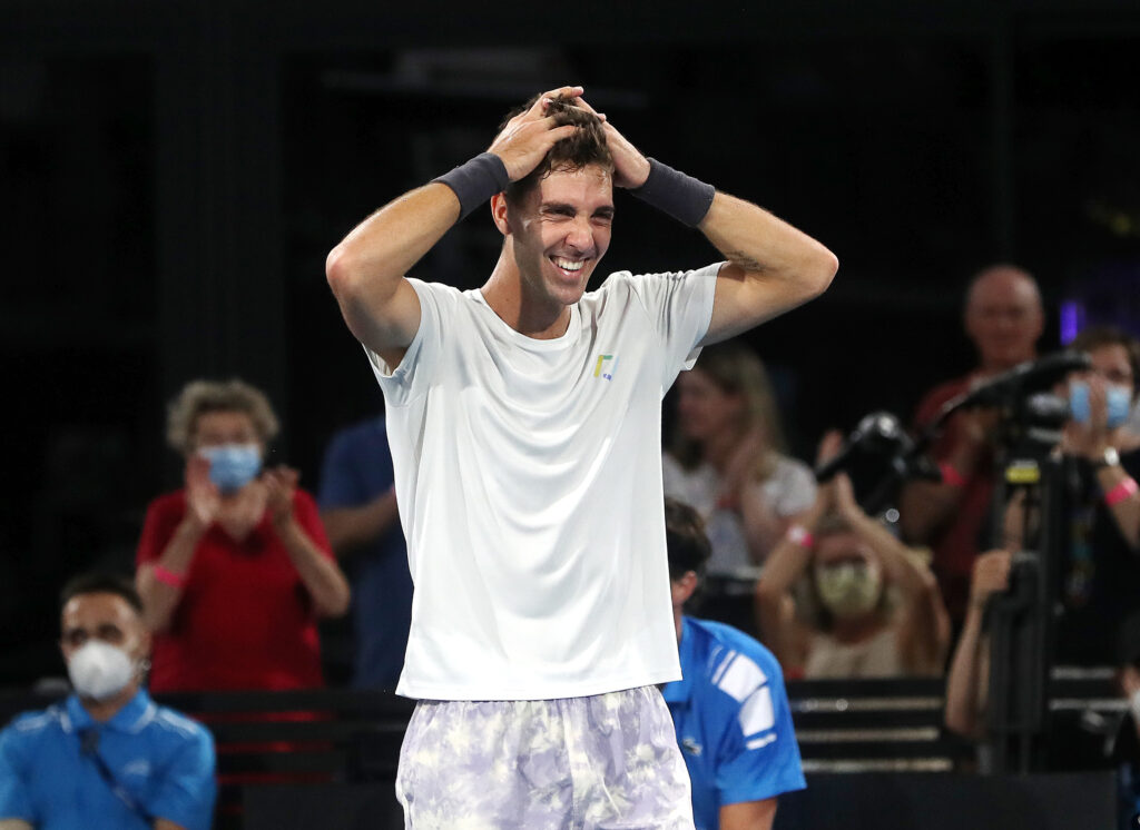 Thanasi Kokkinakis of Australia wins the mens single final after defeating Arthur Rinderknech of France during day seven of the 2022 Adelaide International at Memorial Drive on January 15, 2022 in Adelaide, Australia.
