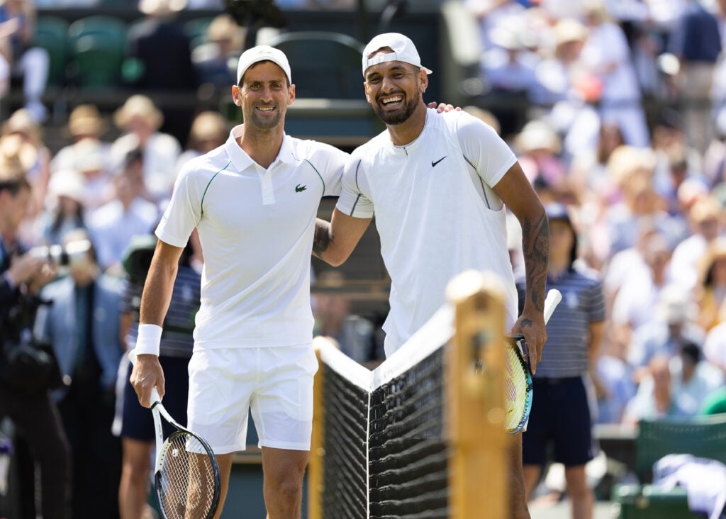 Novak Djokovic of Serbia and Nick Kyrgios of Australia before the Mens Singles Final at The Wimbledon Lawn Tennis Championship at the All England Lawn and Tennis Club at Wimbledon on July 10, 2022 in London, England.
