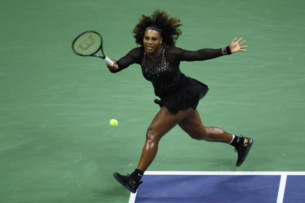 Serena Williams of the United States returns a shot in the second set against Ajla Tomlijanovic of Australia during their Women's Singles Third Round match on Day Five of the 2022 US Open at USTA Billie Jean King National Tennis Center on September 02, 2022 in the Flushing neighborhood of the Queens borough of New York City.