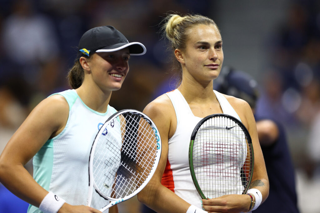 Iga Swiatek of Poland and Aryna Sabalenka pose for a picture prior to their Women’s Singles Semifinal match on Day Eleven of the 2022 US Open at USTA Billie Jean King National Tennis Center on September 08, 2022 in the Flushing neighborhood of the Queens borough of New York City.