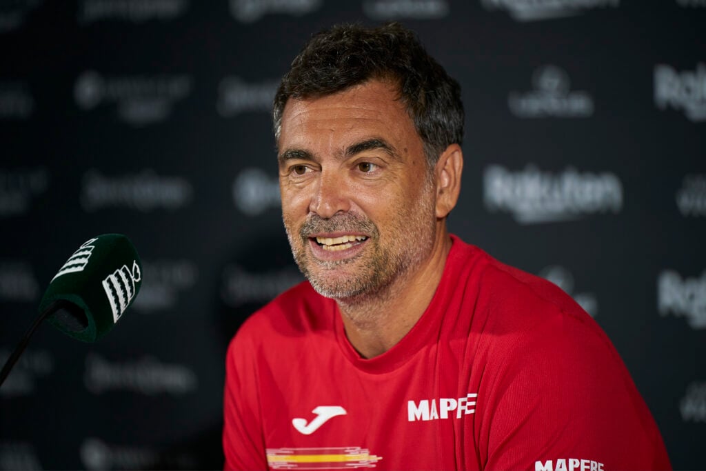 Spain captain Sergi Bruguera speaks to media during the press conference prior to the Davis Cup by Rakuten Group B matches between Spain, Canada, Serbia and South Korea at Pabellon Fuente De San Luis on September 12, 2022 in Valencia, Spain.