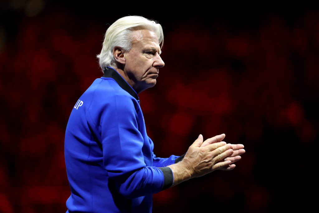 Bjorn Borg, Captain of Team Europe applauds during the match between Andy Murray of Team Europe and Alex De Minaur of Team World during Day One of the Laver Cup at The O2 Arena on September 23, 2022 in London, England.