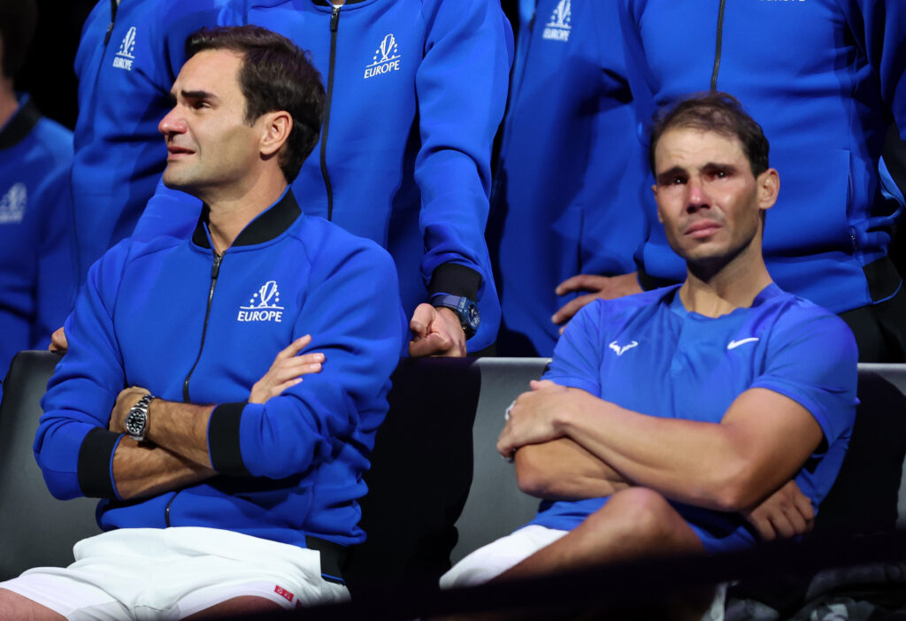 Roger Federer of Team Europe shows emotion alongside Rafael Nadal following their final match during Day One of the Laver Cup at The O2 Arena on September 23, 2022 in London, England.