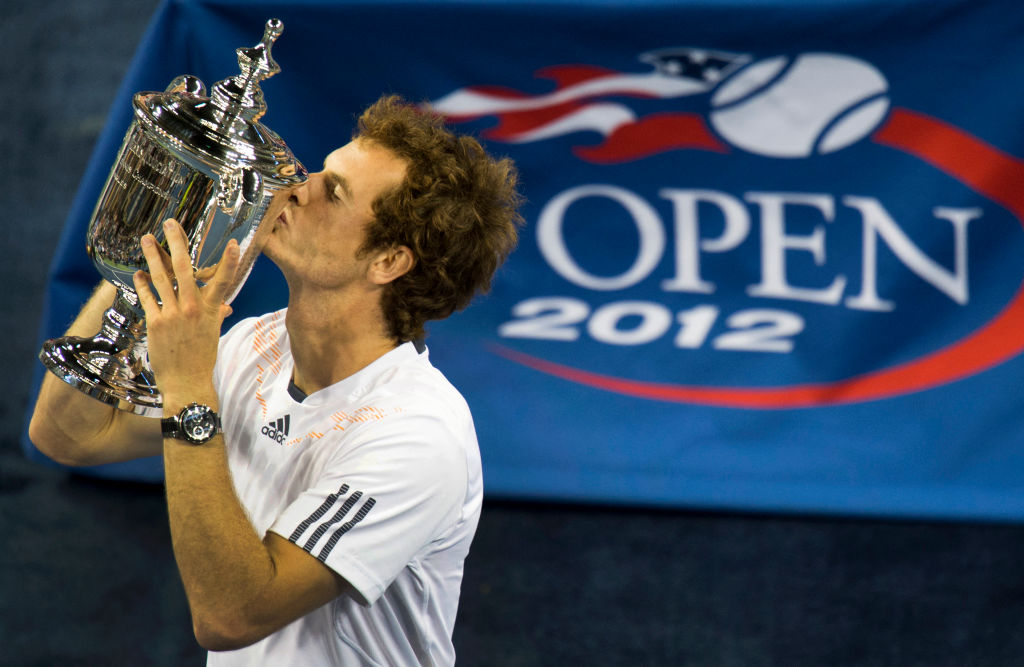 Andy Murray of Great Britain kisses the US Open trophy after his win over Novak Djokovic of Serbia after their men's singles final match at the 2012 US Open tennis tournament September 10, 2012 in New York.