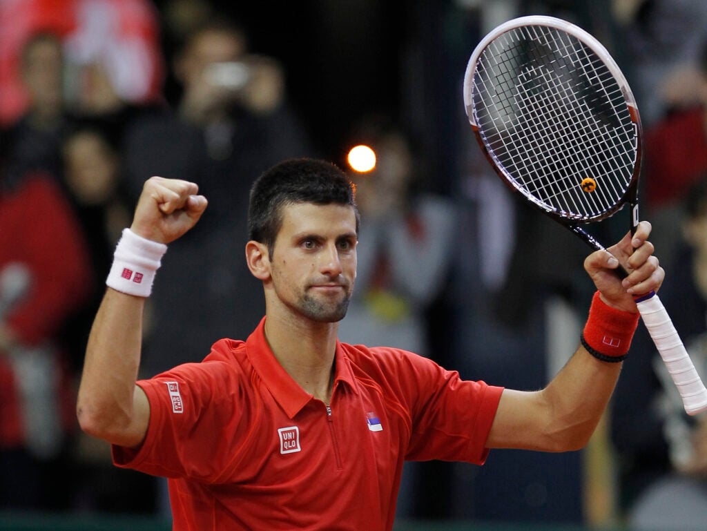 Novak Djokovic of Serbia celebratesn victory against Olivier Rochus of Belgium after the Davis Cup singles first round match between Belgium and Serbia, at Spirou dome February 01, 2013 in Charleroi, Belgium.