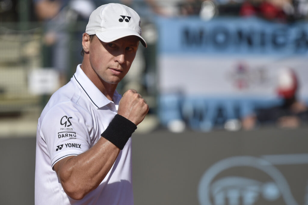 Ricardas Berankis of Lithuania celebrates a point against Sebastian Baez of Argentina during the World Group I game between Argentina and Lithuania as part of 2023 Davis Cup at Buenos Aires Lawn Tennis Club on September 16, 2023 in Buenos Aires, Argentina.