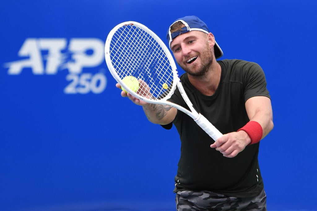 Omar Jasika of Australia serves in the qualifying match against Mikalai Haliak of Belarus ahead of 2023 Chengdu Open at Sichuan International Tennis Center on September 19, 2023 in Chengdu, Sichuan Province of China.