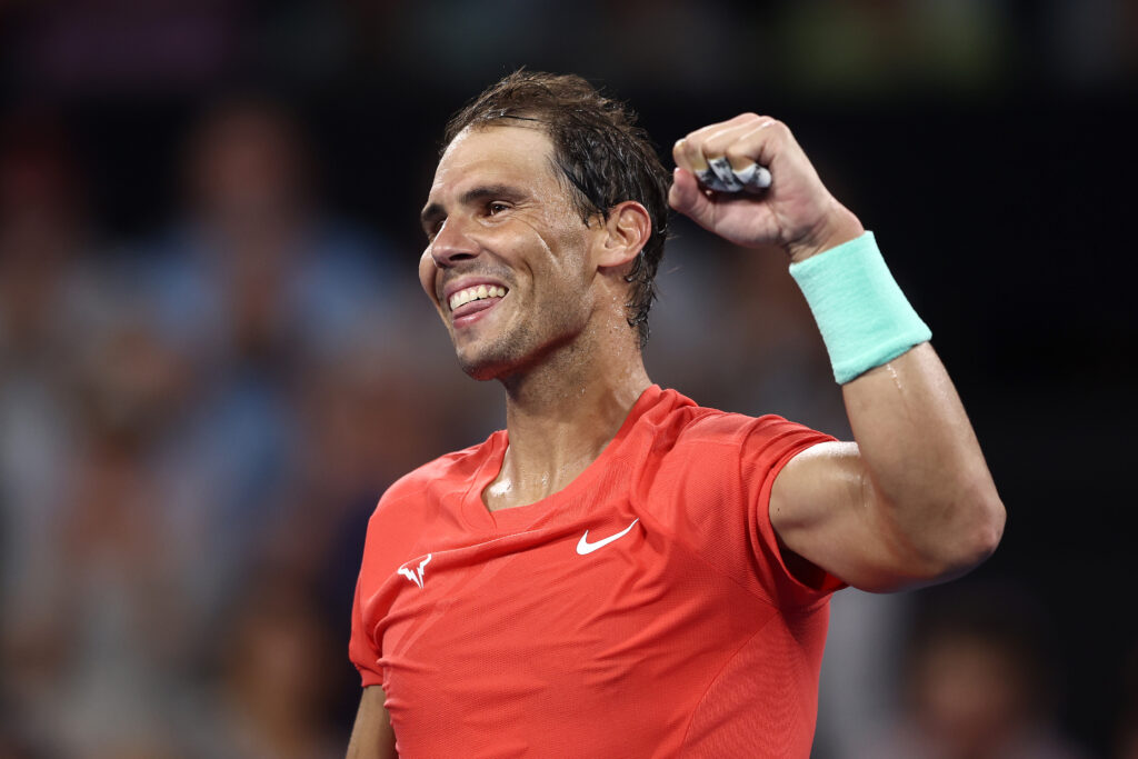 Rafael Nadal of Spain celebrates winning his match against Jason Kubler of Australia during day five of the 2024 Brisbane International at Queensland Tennis Centre on January 04, 2024 in Brisbane, Australia.