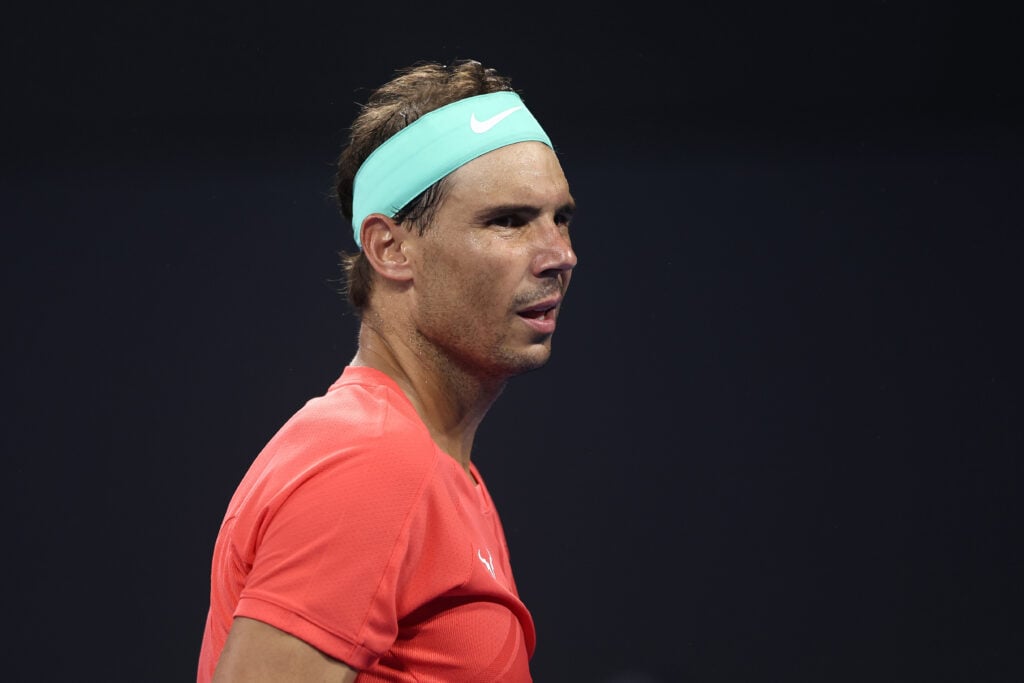 Rafael Nadal of Spain leaves the court for medical treatment in his match against Jordan Thompson of Australia during day six of the 2024 Brisbane International at Queensland Tennis Centre on January 05, 2024 in Brisbane, Australia.