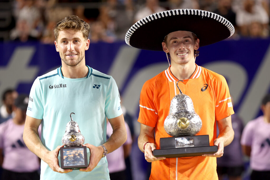 Casper Ruud of Norway and Alex De Minaur of Australia after the singles final of the Telcel ATP 500 Mexican Open at Arena GNP Seguros on March 02, 2024 in Acapulco, Mexico.