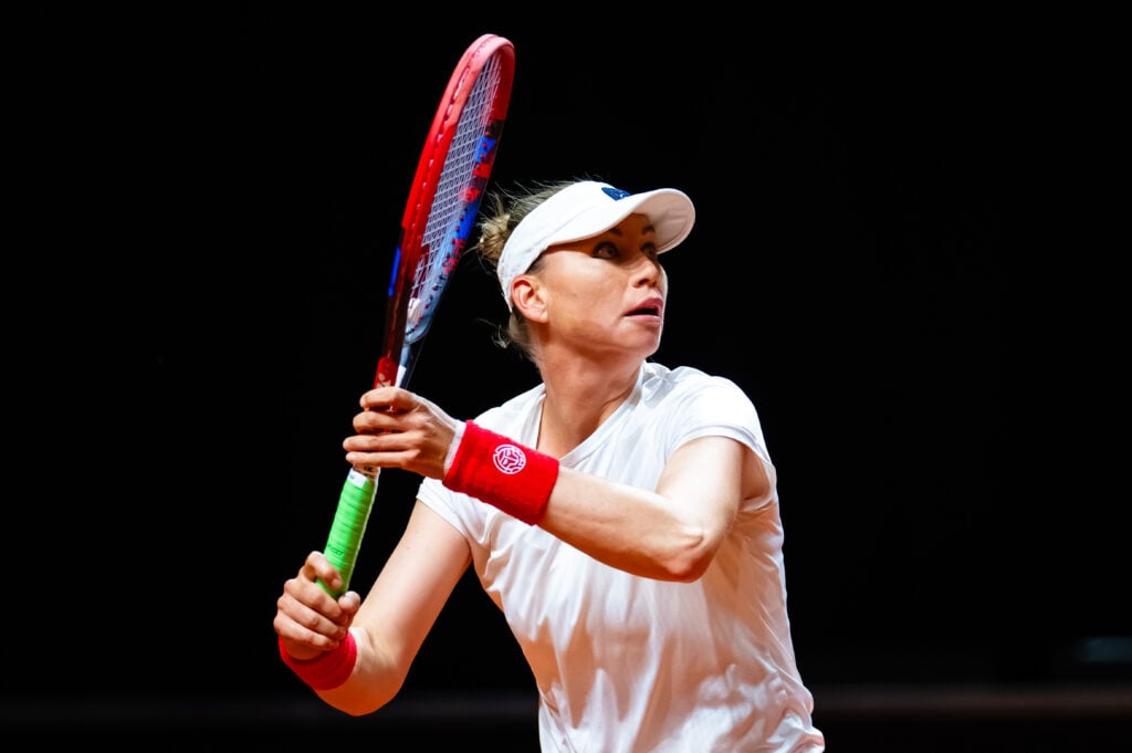 Vera Zvonareva in action against Diana Shnaider during the first qualifications round ahead of the Porsche Tennis Grand Prix Stuttgart 2024 at Porsche Arena on April 13, 2024 in Stuttgart, Germany.