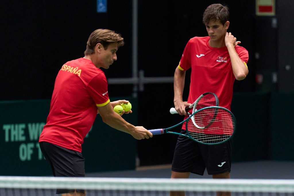 Junior US Open Champion Rafael Jodar of Spain interacts with Captain David Ferrer during a practice session ahead of the 2024 Davis Cup Finals Group Stage at Pabellon Fuente De San Luis on September 10, 2024 in Valencia, Spain.