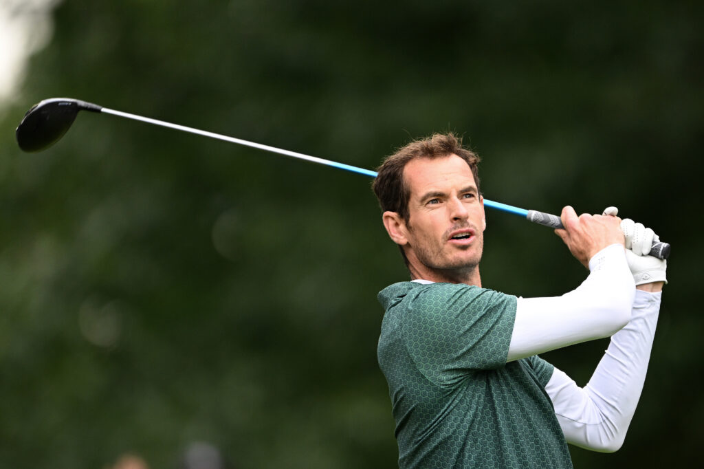 Andy Murray tees off on the fourth hole during the Pro-Am prior to the BMW PGA Championship 2024 at Wentworth Club on September 18, 2024 in Virginia Water, England.