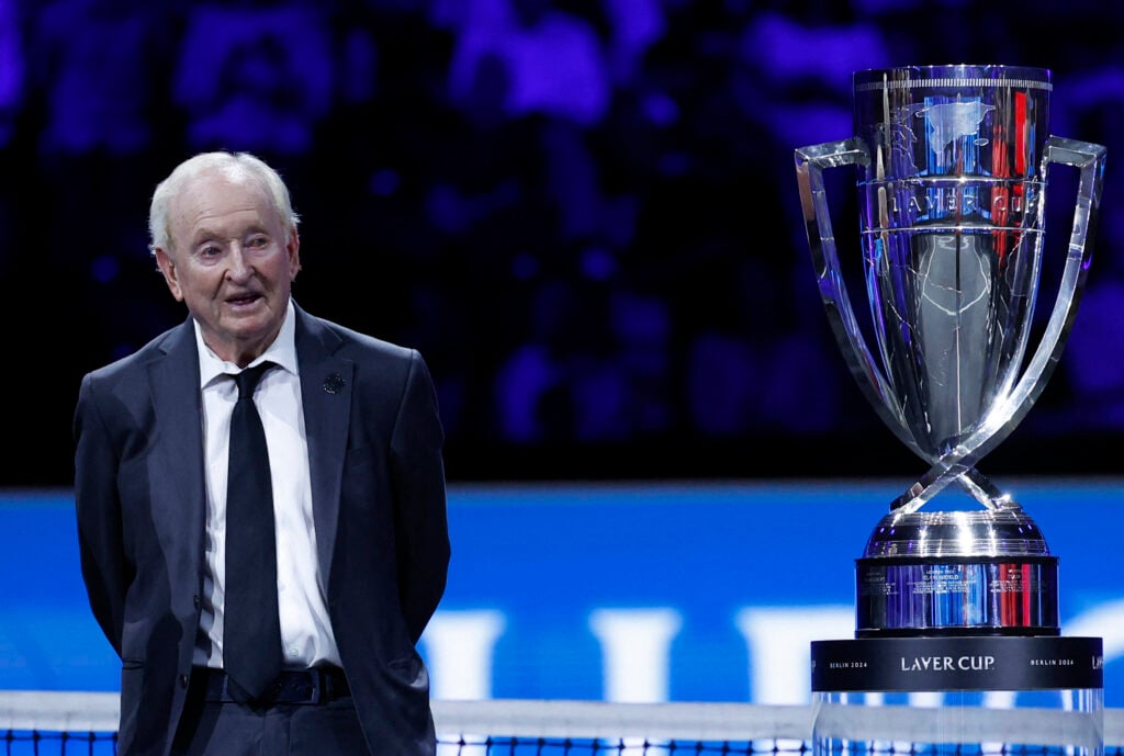 Australian former tennis player Rod Laver stands next to the Laver Cup trophy during the awarding ceremony at the end of the 2024 Laver Cup tennis tournament in Berlin, Germany on September 22, 2024.
