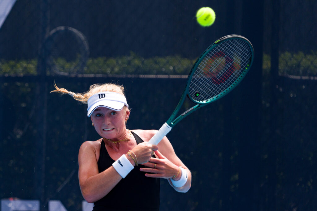Taylah Preston of Australia plays a forehand against Emerson Jones of Australia during the womens final match of 2024 NSW Open at Sydney Olympic Park Tennis Centre on November 3, 2024 in Sydney, Australia.
