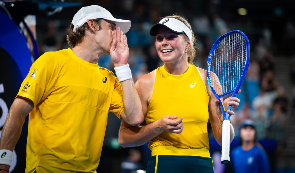 Alex de Minaur of Australia and Olivia Gadecki of Australia celebrate defeating Olivia Nichols of Great Britain and Charles Broom of Great Britain during Day 6 of United Cup at Ken Rosewall Arena on January 01, 2025 in Sydney, Australia