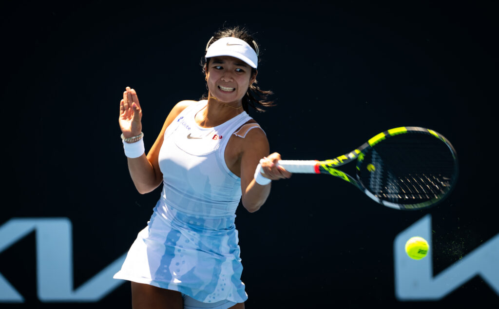 Alexandra Eala of the Philippines in action against Jana Fett of Croatia during the first qualifications round ahead of the 2025 Australian Open at Melbourne Park on January 07, 2025 in Melbourne, Australia.