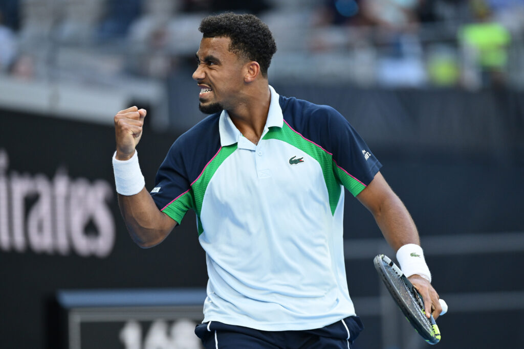 Arthur Fils of France celebrates a point against Ugo Humbert of France in the Men's Singles Third Round match during day six of the 2025 Australian Open at Melbourne Park on January 17, 2025 in Melbourne, Australia.
