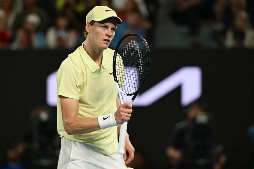 Jannik Sinner of Italy celebrates a point against Alexander Zverev of Germany in the Men's Singles Final during day 15 of the 2025 Australian Open at Melbourne Park on January 26, 2025 in Melbourne, Australia.
