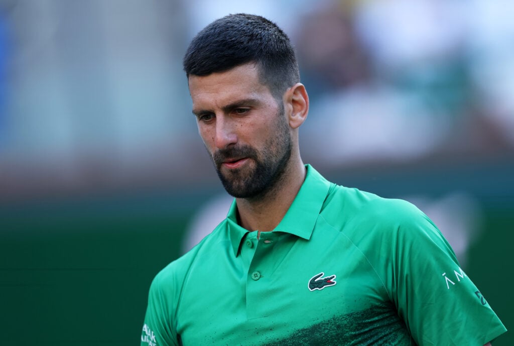 Novak Djokovic of Serbia shows his dejection against Botic van de Zandschulp of the Netherlands in their second round match during the BNP Paribas Open at Indian Wells Tennis Garden on March 08, 2025 in Indian Wells, California.