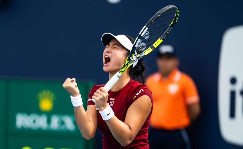 Alexandra Eala of the Philippines reacts while playing against Madison Keys of the United States in the third round on Day 6 of the Miami Open at Hard Rock Stadium on March 23, 2025 in Miami Gardens, Florida