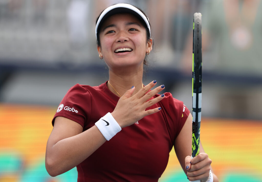 Alexandra Eala of Philippines celebrates her win against Madison Keys during Day 6 of the Miami Open at Hard Rock Stadium on March 23, 2025 in Miami Gardens, Florida