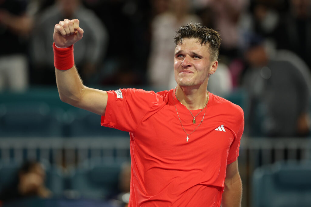 Jakub Mensik of the Czech Republic celebrates after defeating Novak Djokovic of Serbia during the men's singles final on the final day of the Miami Open Presented by Itau 2025 at Hard Rock Stadium on March 30, 2025 in Miami Gardens, Florida.