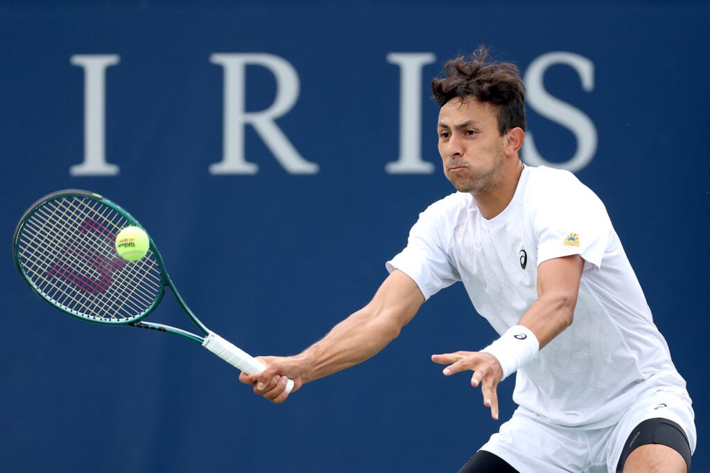 Emilio Nava of United States returns a shot to Karen Khachanov during the National Bank Open Presented by Rogers at Sobeys Stadium on July 31, 2025 in Toronto, Ontario.