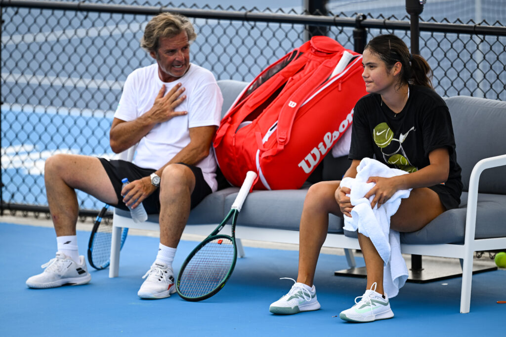 Emma Raducanu of Great Britain and Coach Francisco Roig react in a practice session during day one of the Cincinnati Open 2025 at Lindner Family Tennis Center on August 07, 2025 in Mason, Ohio.