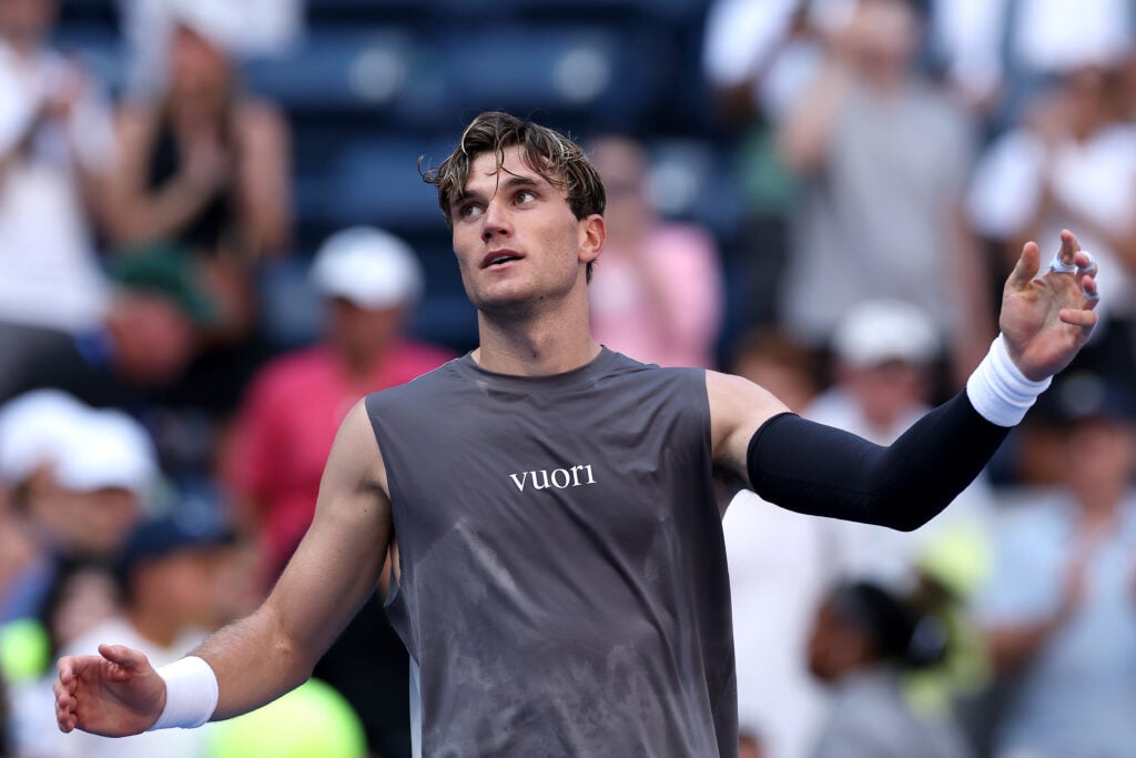 Jack Draper of the United Kingdom reacts to match point against Federico Agustin Gomez of Argentina during their Men's Singles First Round match on Day Two of the 2025 US Open at USTA Billie Jean King National Tennis Center on August 25, 2025 in the Flushing neighborhood of the Queens borough of New York City.