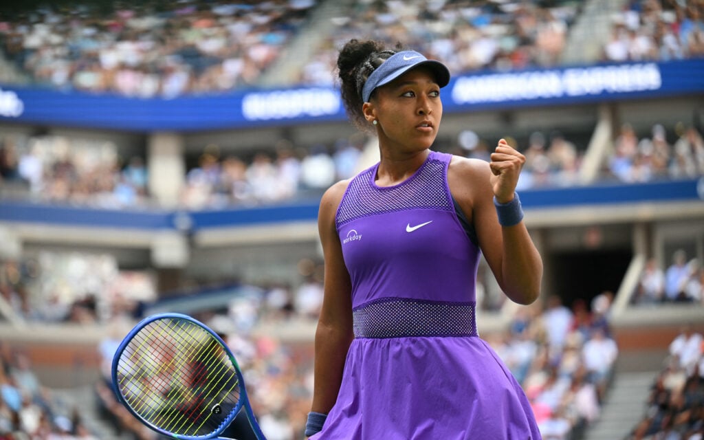 Japan's Naomi Osaka celebrates winning against USA's Coco Gauff during their women's singles round of 16 tennis match on day nine of the US Open tennis tournament at the USTA Billie Jean King National Tennis Center in New York City, on September 1, 2025.