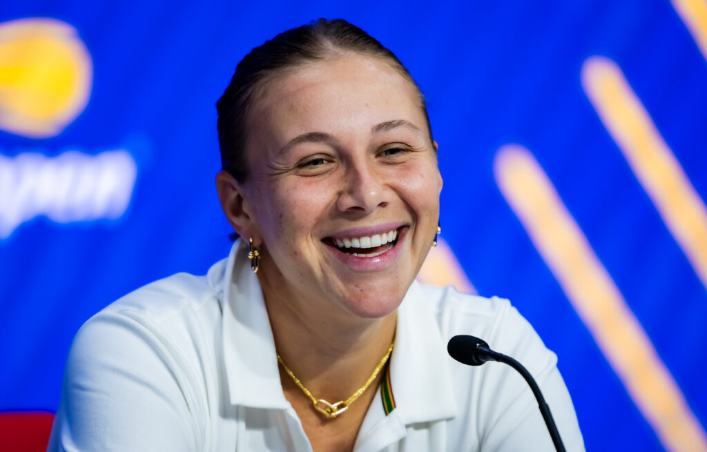 Amanda Anisimova of the United States talks to the media after defeating Naomi Osaka of Japan in the semi-final on Day 12 of the US Open at USTA Billie Jean King National Tennis Center on September 04, 2025 in New York City