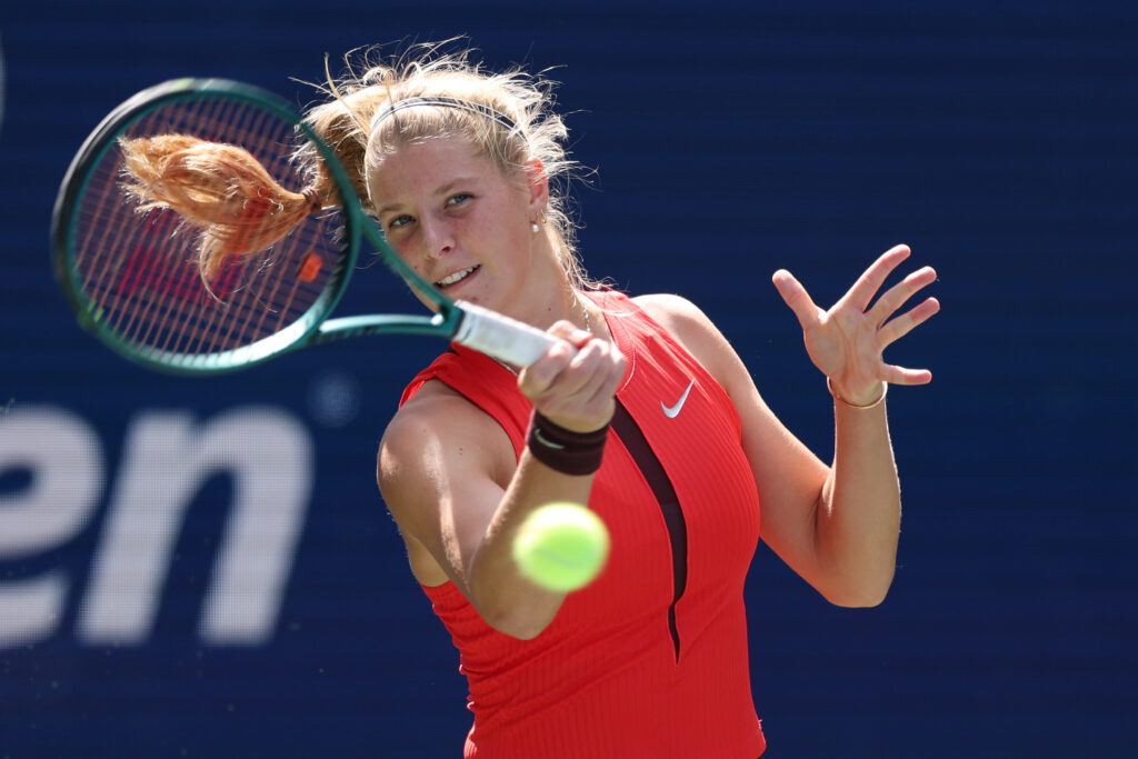 Hannah Klugman of the United Kingdom returns against Julia Stusek of Germany during their Girl's Singles Quarterfinal match on Day Twelve of the 2025 US Open at USTA Billie Jean King National Tennis Center on September 4, 2025 in the Flushing neighborhood of the Queens borough of New York City.