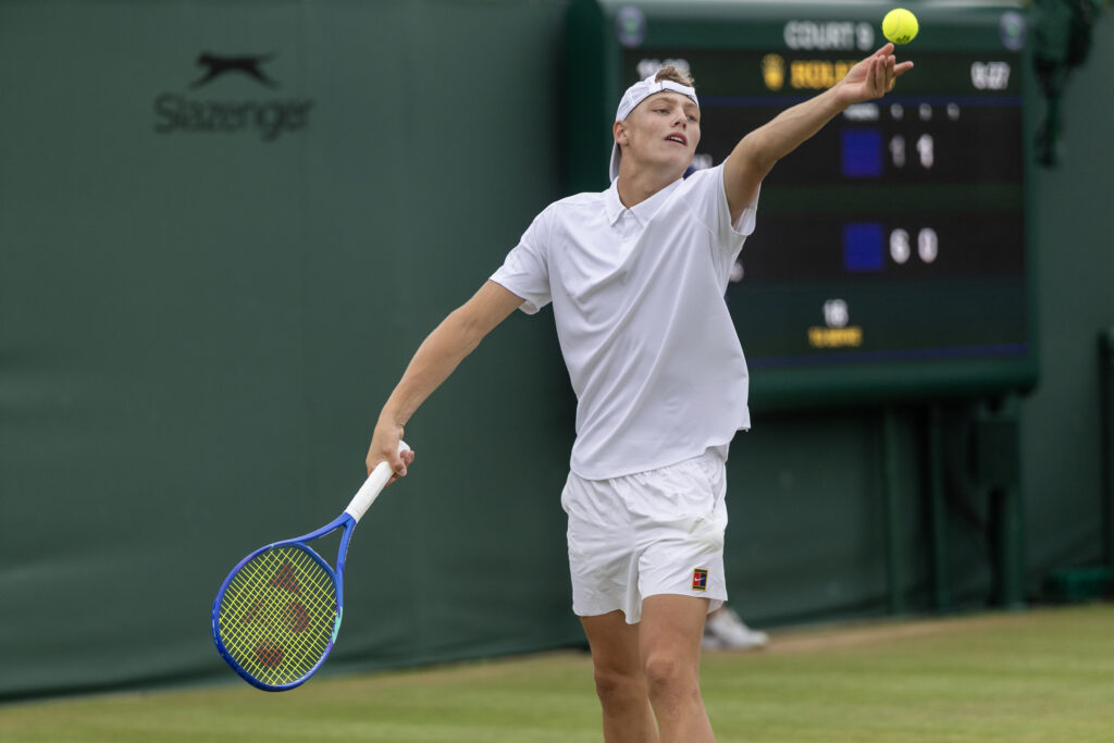 Cruz Hewitt of Australia in action against Savva Rybkin in the first round of the Boys' Singles Competition on Court No. 9 during the Wimbledon Lawn Tennis Championships at the All England Lawn Tennis and Croquet Club at Wimbledon on July 6th, 2025, in London, England.
