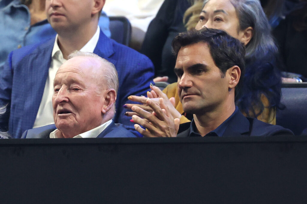 (L-R) Former tennis player Rod Laver and former tennis player Roger Federer attend day three of Laver Cup 2025 at Chase Center on September 21, 2025 in San Francisco, California.