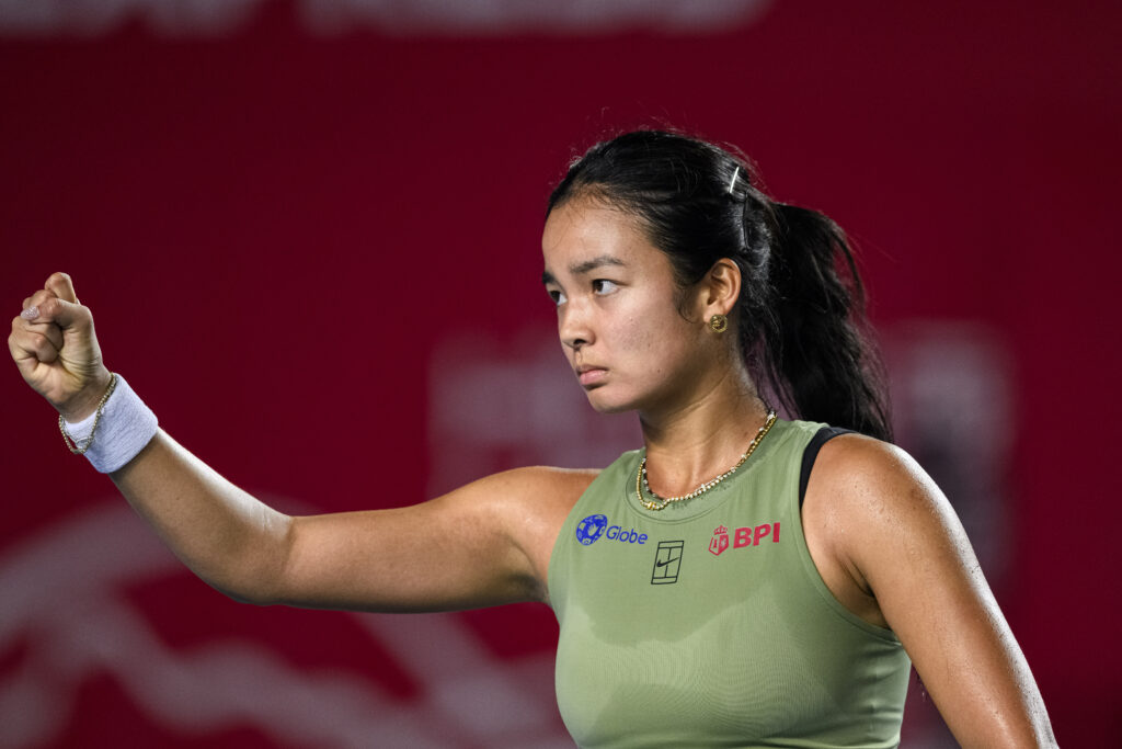 Alexandra Eala of Philippines celebrates a game won against Victoria Mboko of Canada during the women's singles round of 16 matches on day four of the Prudential Hong Kong Tennis Open at Victoria Park on October 30, 2025 in Hong Kong, China.